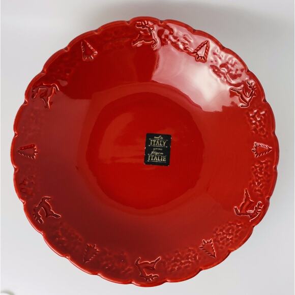 Maioliche Jessica Christmas Themed Red 9” Scalloped Edge Bowl Made In Italy - Picture 1 of 6